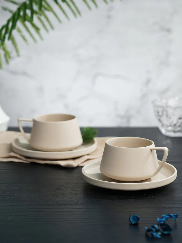 Vogue Elevated Fine Porcelain Cup & Saucer Set of 4 – Elevated Base Design for Tea & Coffee